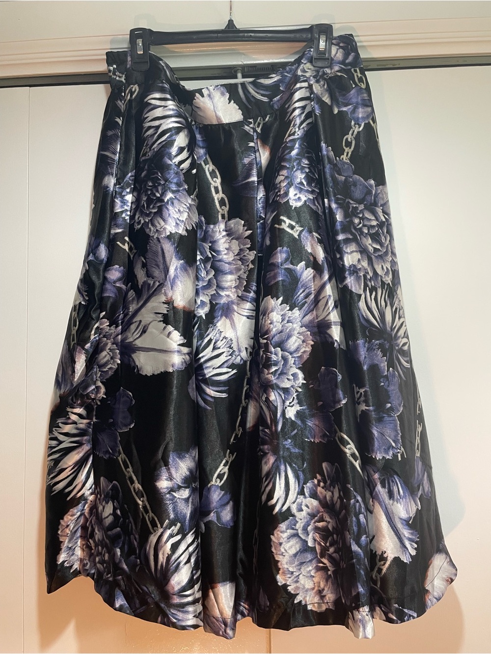 Floral Satin A-Line Skirt in Black and Purple